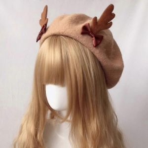 Kawaii Antler Béret Lolita Béret Chapeau Mignon Cerf Bois Jk Chapeau Hiver Chaud Bonnet Chapeau Cosplay Soirée Costume Couvre-Chef - Neuf