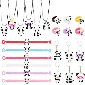 24pcs Anniversaire Panda Cadeau,Panda Porte Clés,Panda Bracelets Fille,Panda Bagues Jouets Kit Enfants Fête,Pinata Anniversaire,Anniversaire Faveurs Sac Remplisseur - Neuf