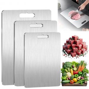 Titane Planche &agrave; D&eacute;couper Set de 3, Double Face de qualit&eacute; Alimentaire Conseils, Facile &agrave; Nettoyer en Acier Inoxydable, SU304 B+C+D Mod&egrave;le - Neuf