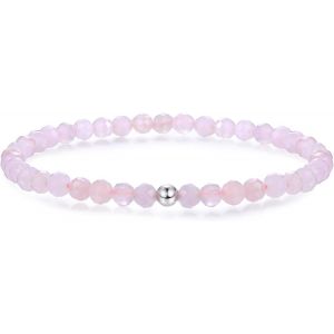 Eryi-4mm Bracelet Pierre Naturelle En Argent Sterling 925 Perle Bracelet Pour Femmes Hommes Bracelet Quartz Rose Amethyste Agate Noir Onyx Hématite Perles Sculptées Stretch Bracelets - Neuf