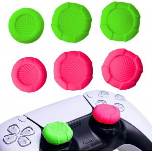 Thumbsticks Grip Joystick PS5 - FPS Capuchons Joystick PS5 Thumb Grip Manette PS4/5 Silicone Caps Accessoires Manette Controller &agrave; Aide avec Viser, R&eacute;duire Pouce Fatigue, Rose & Vert 6 pi&egrave;ces - Neuf