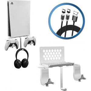 Support Mural pour PS5 Console, Support pour PS5 avec 2 Support de Manette D&eacute;tachable et Support de Casque, en M&eacute;tal Massif avec Accessoires Installation Facile Blanc - Neuf