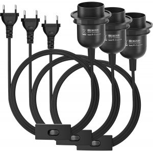 Lot de 3 douilles de lampe E27 avec interrupteur et prise, douille E27 noire avec c&acirc;ble de 3,5 m, anneau &agrave; visser - Pour cuisine, salon et chambre d'enfant - Noir - Neuf