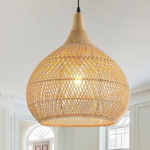 Subzonal-Rotin Et Bois Suspension Luminaire,Naturel Luminaires Int&eacute;rieur E27 Boho Cuisine Lampe Tiss&eacute; &Agrave; La Main Vintage Decoration Lustre Salon Pour Chambre Salon - Neuf