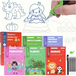 ERYI-Cahier De Dessin Magique Réutilisable En Français, Grand Apprendre À Dessiner Pour Enfants, 5 Livre Coloriage Magique Rainure + 1 Stylo + 10 Recharges + 1 Grip Pour Vacances, Maternelles - Neuf