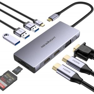 Dock USB C,Station d'accueil USB C 9 en 1 vers Double Hdmi,avec Alimentation 100W,2 Hdmi,VGA,3 USB 3.0,Lecteur De Cartes SD/TF,Hub USB C Triple Affichage pour Macbook,HP,Dell.[M410] - Neuf