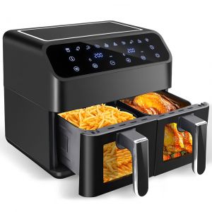 Air Fryer 4L+4L avec 10 Fonctions 3000W Friteuse Sans Huile Double Zone 0% BPA Fen&ecirc;tre Visible &Eacute;cran Tactile Noir Intelligente - Neuf