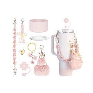 Ensemble de 8 accessoires pour Coupe Stanley comprenant une dragonne, un couvre-paille et des d&eacute;corations - Rose - Neuf