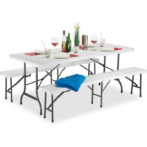 Ulteronixshop-Set 3x Meubles 1 Table & 2 Bancs Pliants, Uni, Jardin Barbecue Hlp 74x180x74,5cm, Blanc - Neuf