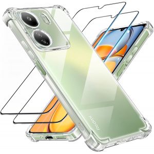 Kalanka-3 En 1 Verre Trempé Et Coque Pour Xiaomi Redmi 13c / Poco C65,[Coussin D'air Intégré] Anti-Jaunissement Souple Tpu Bumper Coque Protection,Transparente - Neuf