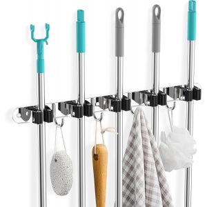 CHAAS-Accroche Balai Mural, 5 Supports + 4 Crochets Noir Porte Balais Mural, Support Balais Mural, Porte Balais Mural Sans Percage, Rangement Balai, Attache Balai Mural - Neuf