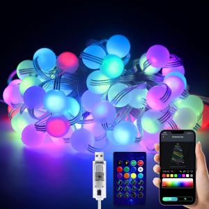 JGD-5V USB Bluetooth App RGB IC Cha&icirc;ne de lumi&egrave;re ext&eacute;rieure, 10m 66 ampoules IP65 imperm&eacute;able lumi&egrave;re de f&eacute;e avec t&eacute;l&eacute;commande pour l'&eacute;clairage d&eacute;coratif de la f&ecirc;te ext&eacute;rieure de l'arbre de No&euml;l - Neuf