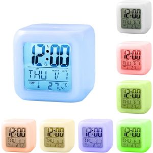 Kal-Réveil Numérique Pour Enfants, Horloge De Chevet Avec 7 Lumières De Nuit Changeantes, Petites Horloges Pour Chambres À Coucher Avec Répétition De Température, Calendrier Musique, Horloge De Crois - Neuf