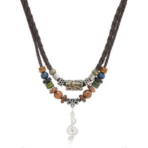 Qingwen Europe Et Amérique Transfrontalier Rétro Personnalité Hommes Collier Mode Note En Métal Pendentif Fait À La Main Perle En Bois Perle Pull Chaîne - Neuf