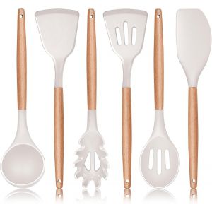 Cfrx-Lot De 6 Ustensiles De Cuisine En Silicone Antiadh&eacute;sifs Avec Poign&eacute;e En Bois, R&eacute;sistants &Agrave; La Chaleur Pour Ustensiles De Cuisine Antiadh&eacute;sifs &iquest; Kaki - Neuf