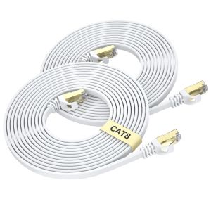 Cat 8 Câble Ethernet 2M 2 Pièces, Câble Réseau LAN Gigabit RJ45 Plat Haute Vitesse, Cordon de Brassage Internet 40Gbps 2000MHz pour Commutateur,Routeur,Modem,Panneau de Brassage,PC (Blanc) - Neuf
