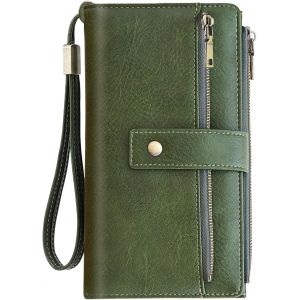 CAUC-Portefeuille Femme Grand Format, Porte Feuille Femme Cuir PU Vintage Porte Monnaie RFID Portefeuilles Et Porte-Cartes avec Fermeture &Eacute;clair Et Multi Cartes, Vert - Neuf