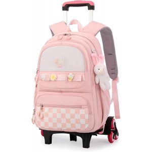 CHECARZHN--NO1-Cartable À Roulettes Pour Filles, Sac À Dos Trolley Pour Filles De L'École Primaire Et Collège Avec Badges Et Pendentif, Sac D'École Avec 6 Roues Pour Adolescents - Neuf