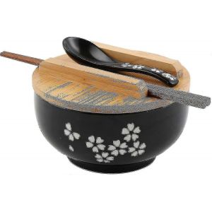 Ensemble De Bols De Ramen,Bols De Nouilles Ramen Japonais Avec Couvercle Cuillère,Grand Bol À Soupe En Céramique,Bol De Riz Noir Dessiné À La Main Rétro - Neuf