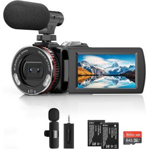 Caméscope 4K,Caméra De Vlogging 64 Mp 30 Fps Avec Microphone Sans Fil Pour Youtube,Écran Rabattable Ultra Hd De 7,6 Cm,Zoom Numérique 21X Avec Carte Sd De 64 Go,Télécommande Et 2 Batterie - Neuf