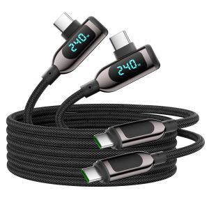 240W Câble USB C vers USB C à angle droit [2M],Câble de charge rapide de type C tressé en nylon avec affichage LED pour lPhone 16/15 Pro Max, Galaxy S25/S24 Ultra, MacBook, Laptop,Noir - Neuf
