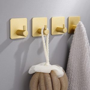 TZF-Lot de 4 crochets autocollants en acier inoxydable &iquest; Finition dor&eacute;e, sans per&ccedil;age et sans vis, pour mur, brique, porte, cuisine, salle de bain - Neuf