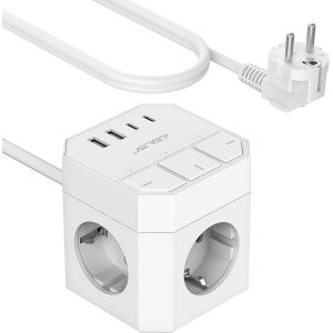 Bloc Multiprise avec 3 Prises Interrupteur Individuel, Multiprise Cube avec 4 Ports USB Chargeur(2A+2C) 7 in 1 Prise Multi Multiprise Electrique pour la Maison Le Bureau ou la Cuisine,2M-Blanco - Neuf