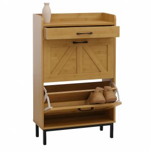 Meuble &agrave; chaussures basculant HWC-P45, &eacute;tag&egrave;re &agrave; chaussures, armoire &agrave; chaussures, 2 compartiments basculants, tiroir de rangement MDF 95x60x24cmaspect bambou - Neuf