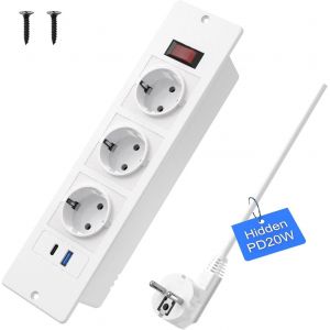 Prise encastrée USB C 20W,Bloc multiprise 3 Prises avec câble 2m,pour Meubles ou Plans de Travail (Blanc) - Neuf