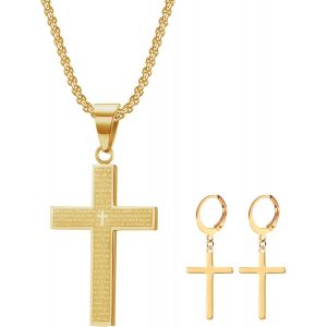 Trahoo-Collier Croix Homme, Or/Argent/Noir Chaine Pendentif Croix Acier Inoxydable Bijoux, Boucles D'oreilles Croix, Chretienne Catholique Religion Croix Pour Hommes Femmes Adolescents - Neuf