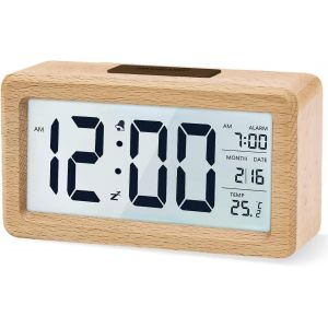 Horloge de chevet en bois avec grand écran LCD rétroéclairé,température,fonction Snooze,capteur de luminosité,3 piles AAABatterie NON incluse - Neuf