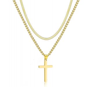 Trahoo-Croix Collier Hommes,Couches Croix Pendentif Et Chaîne Serpent Acier Inoxydable Argent/Or/Noir Collier Chrétien Croix Bijoux Pour Femmes 20""-24 - Neuf