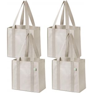 Lot de 4 Sacs d'épicerie et sacs de courses s avec poignées et fond rigide de taille compacte et pratique. Fourre-tout utilitaire pliable,durable et robuste (Beige,Lot de 4) - Neuf