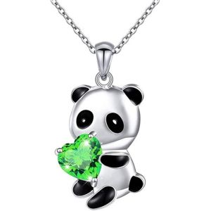 Kal-Collier Ras Du Cou Argent Panda Coeur Vert Cristal Ours Pendentif Chaîne Amour Charme Mignon Animal Bijoux Cadeau Pour Femmes Filles - Neuf