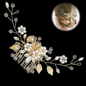 Kal-Mariée Peigne À Cheveux, Mariage Élégant Bijoux De Tête Peigne À Cheveux En Cristal Avec Fleurs Feuille Et Perles Pour Les Femmes Et Les Filles(Or) - Neuf