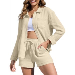 Asfasfq-Femme Ensembles En Lin Chemise Manches Courtes Et Shorts 2 Pièces Survêtement Femme Streetwear Été Couleur Pure Décontracté Ensemble En Mousseline D'été Tenue 2 Pièces Femme Loungewear - Neuf