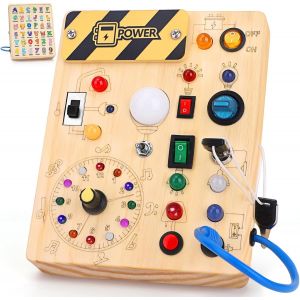 Montessori Busy Board 1 Year Children's Activity Board Wooden Toys with 10 Switches 23 LED Lights Sensory Learning Toys Games Montessori Toy Child Baby 1 2 3 Years Gift Child - Neuf