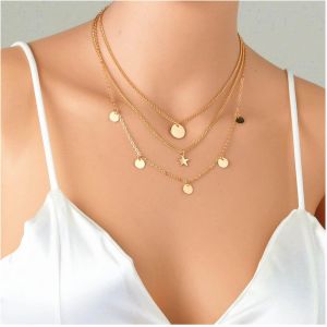 Kal-Collier Pendentif Disque Boh&egrave;me Pendentif Pi&egrave;ce De Monnaie Collier Cha&icirc;ne &Eacute;toile Pendentif Collier Cha&icirc;ne Pi&egrave;ce De Monnaie Or Bijoux Pour Femmes Et Filles - Neuf