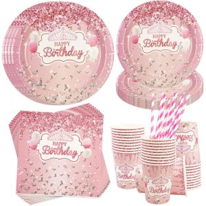 Lot De 50 Assiettes En Carton Pour Fille Avec Assiettes En Carton,Tasses,Pailles,Serviettes Pour Décoration D'anniversaire,Fête De Fille,Douche,50 Pièces Or Rose - Neuf