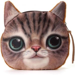 Étui Porte-Monnaie Fermeture Éclair Tête De Chat Réaliste Peluche Porte-Feuille Sac À Main Cute - Neuf