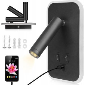 Applique Murale Led Int&eacute;rieure 12 W Avec Interrupteur Et Port Usb, &Eacute;clairage Moderne 3000 K, Chambre &Agrave; Coucher, Salon, Bureau (Noir) - Neuf