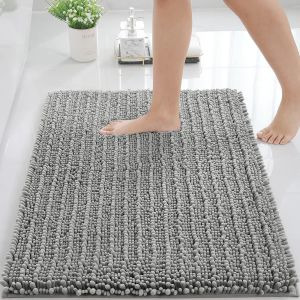 Tapis de salle de bain antidérapant, lavable en machine, lavable en machine, tapis de bain en peluche pour salle de bain, douche et baignoire (40,6 x 61 cm, gris) - Neuf