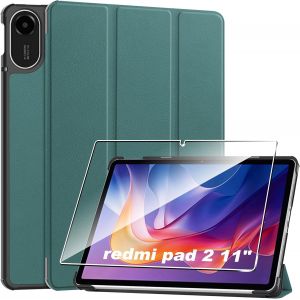Coque Pour Redmi Pad 2 11" Housse Protection Etui Pu Cuir De Flip Case Cover + [1 Pièce] Verre Trempé Protection Écran [Veille/Réveil Automatique] [Support Fonction] Verte[COQ9128131] - Neuf