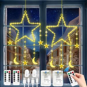 Lumi&egrave;res D'&eacute;toile De Noel,2pcs Led Etoile Lumineuse Fen&ecirc;tre No&euml;l,Decoration Lumineuse Noel Fenetre,Fen&ecirc;tre No&euml;l &Agrave; Piles Lampe Avec T&eacute;l&eacute;commande,Etoile De No&euml;l A Suspendre Lumineuse Fenetre - Neuf