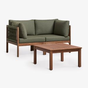 Ensemble De Jardin Avec Canap&eacute; Modulaire 2 Pi&egrave;ces Avec Accoudoirs Et Table Basse En Bois D'acacia Branson Vert Olive Intense Brun Acacia Fonc&eacute; - Neuf