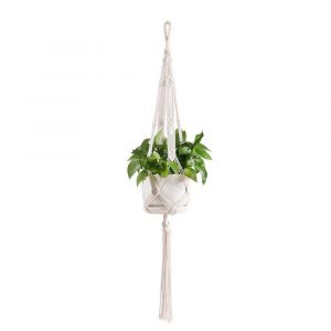 Panier suspendu en jute orn&eacute; de perles, pour l'int&eacute;rieur et l'ext&eacute;rieur, suspension pour plantes en macram&eacute;, 115 cm, style losange - Neuf