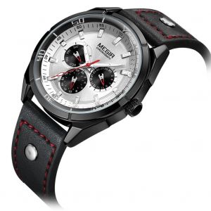 Megir Hommes Casual Cuir Calendrier 24 Heures Quartz Analogique Montre Blanc Cadran Noir Bo&icirc;tier Bracelet - Neuf