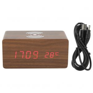 HJLIAN Reveil rectangulaire en bois avec chargement sans fil Qi, LED, commande vocale numerique - Neuf