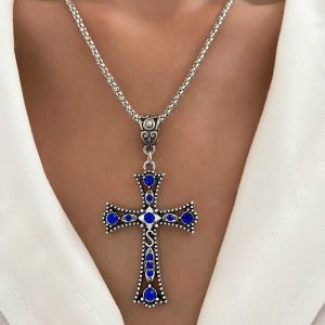 Kal-Collier Croix Gothique En Diamant Collier Croix En Cristal Bleu Punk Collier Ras Du Cou En Zircon Incrusté Collier Pendentif Croix Religieuse Vintage Collier Y2k Bijoux Pour Femmes Filles - Neuf