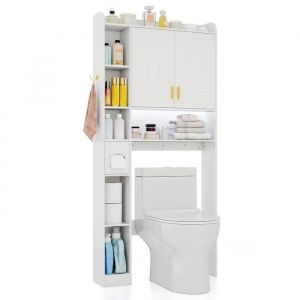 COSTWAY Meuble WC au-Dessus des Toilettes avec LED,2 Portes & 6 Compartiments Ouverts, Porte-Papier, &Eacute;tag&egrave;re R&eacute;glable, Gris - Neuf